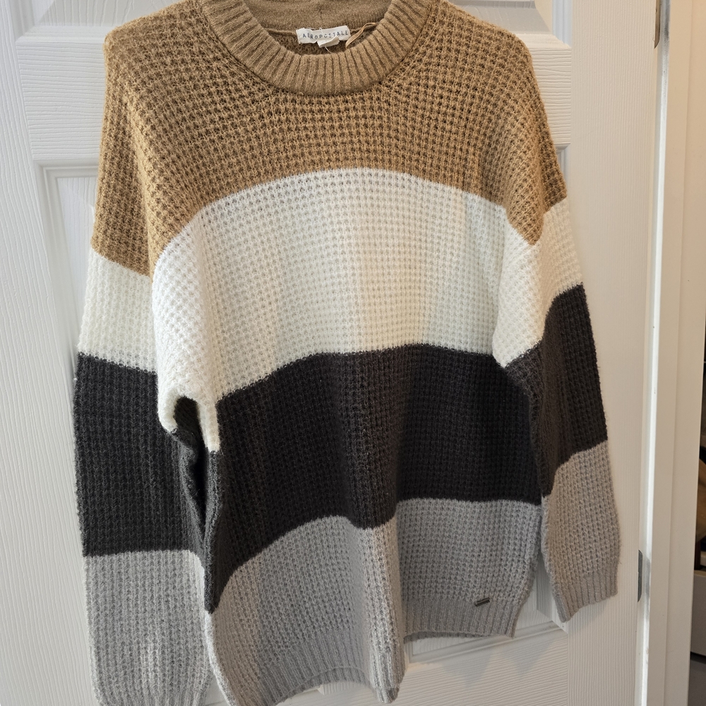Aeropostale Women's Colorblock Crewneck Sweater - Brown, White, Gray
